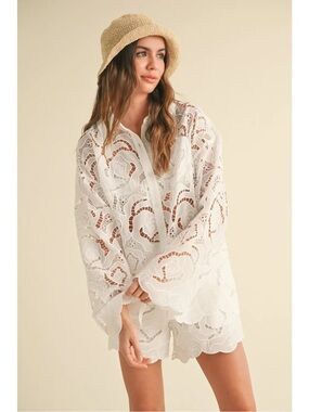 White Lace Button-Down Shirt - Women's Lightweight Cover-Up